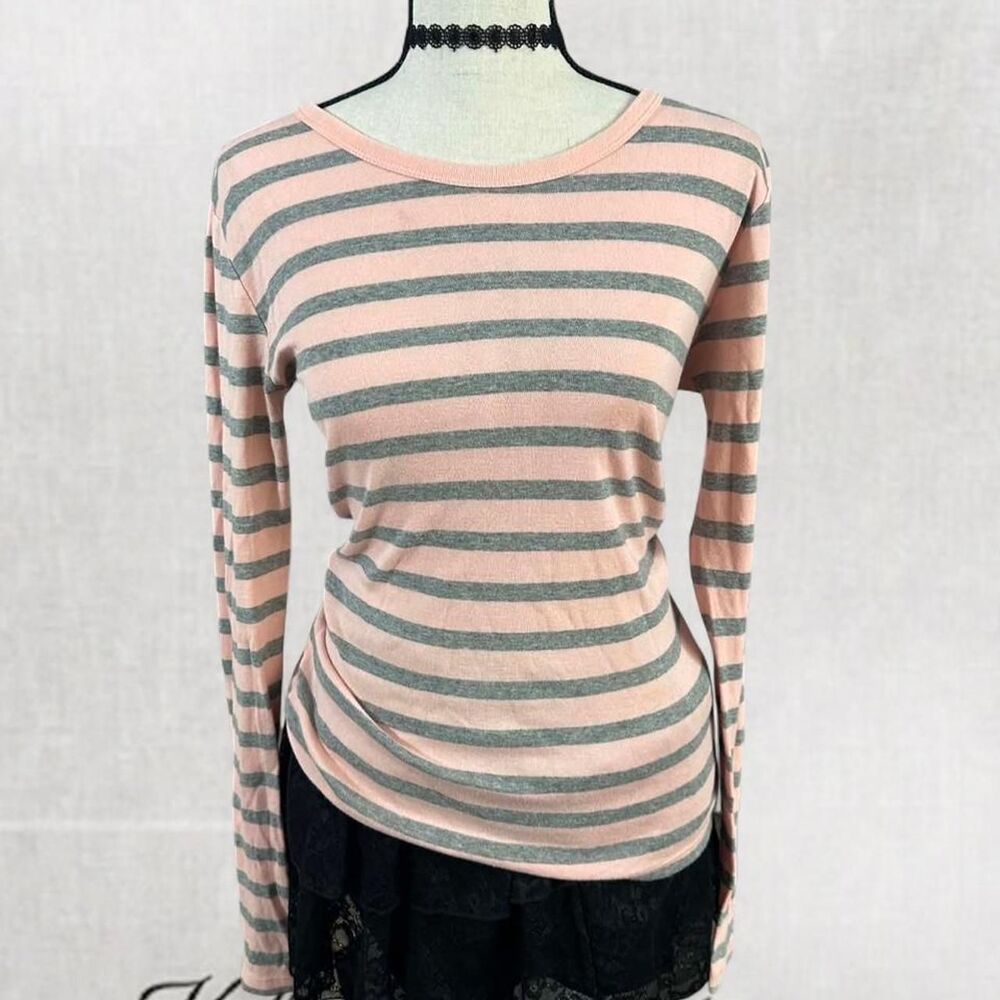 Y2K Style Striped Pink and Gray Casual Long Sleeve Top